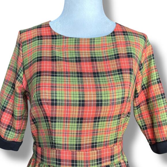 Retrolicious Orange Green Plaid Fit & Flare Dress With Pockets Size Small Retro - Picture 2 of 11